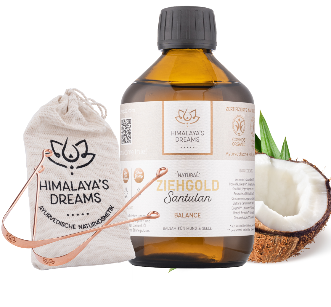 Ziehgold-Set, 250 ml SANTULAN Mundziehöl,Zungenreiniger [zertifizierte BIO Naturkosmetik], Das Ayurveda Ritual für ihre Detox-Kur