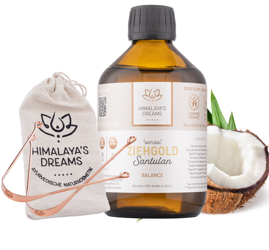 Ziehgold-Set, 250 ml SANTULAN Mundziehöl,Zungenreiniger [zertifizierte BIO Naturkosmetik], Das Ayurveda Ritual für ihre Detox-Kur