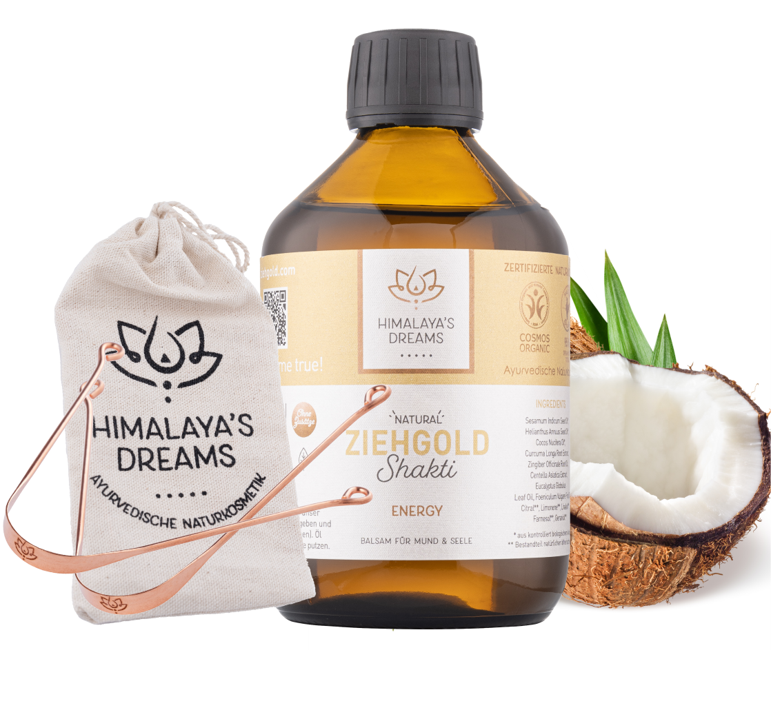 Ziehgold-Set, 250ml SHAKTI Mundziehöl, Zungenreiniger