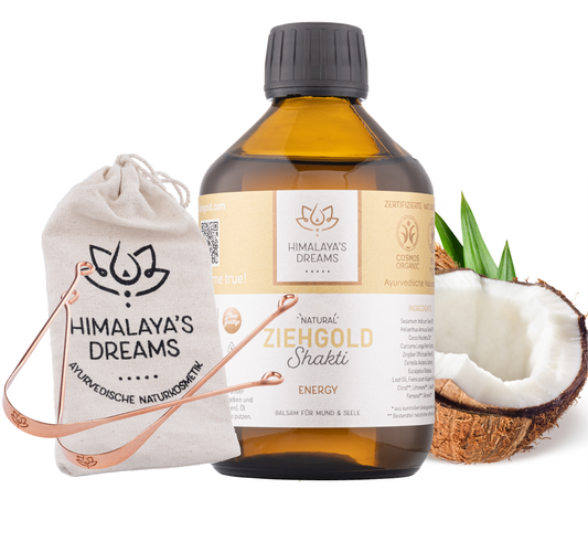 Ziehgold-Set, 250ml SHAKTI Mundziehöl, Zungenreiniger